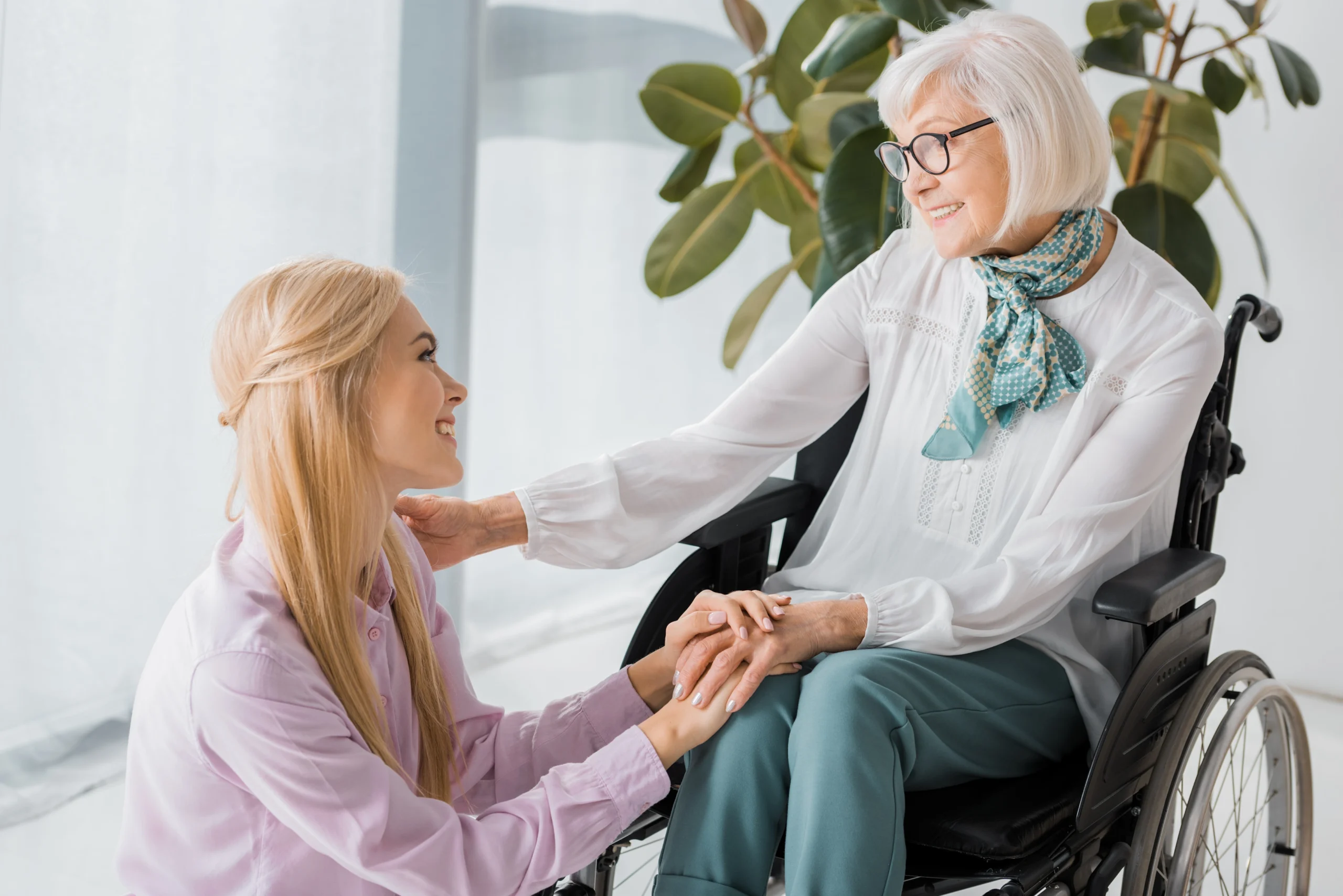 home-care-services-in-Minneapolis-MN-2 woman in wheelchair in front of green plant visits caregiver